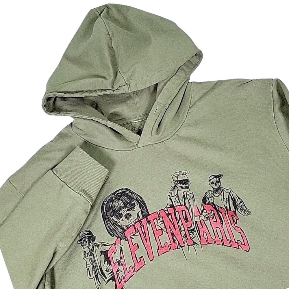 Eleven Paris Men's XL Graphic Hoodie Olive Green Life Is A Joke Skeleton Grunge